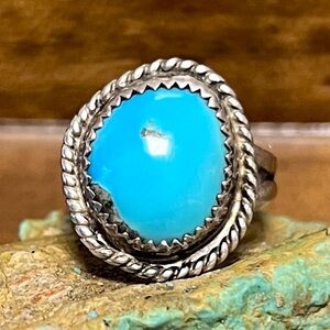 Native American Genuine Turquoise Old Sterling Silver Ring Size 6.5